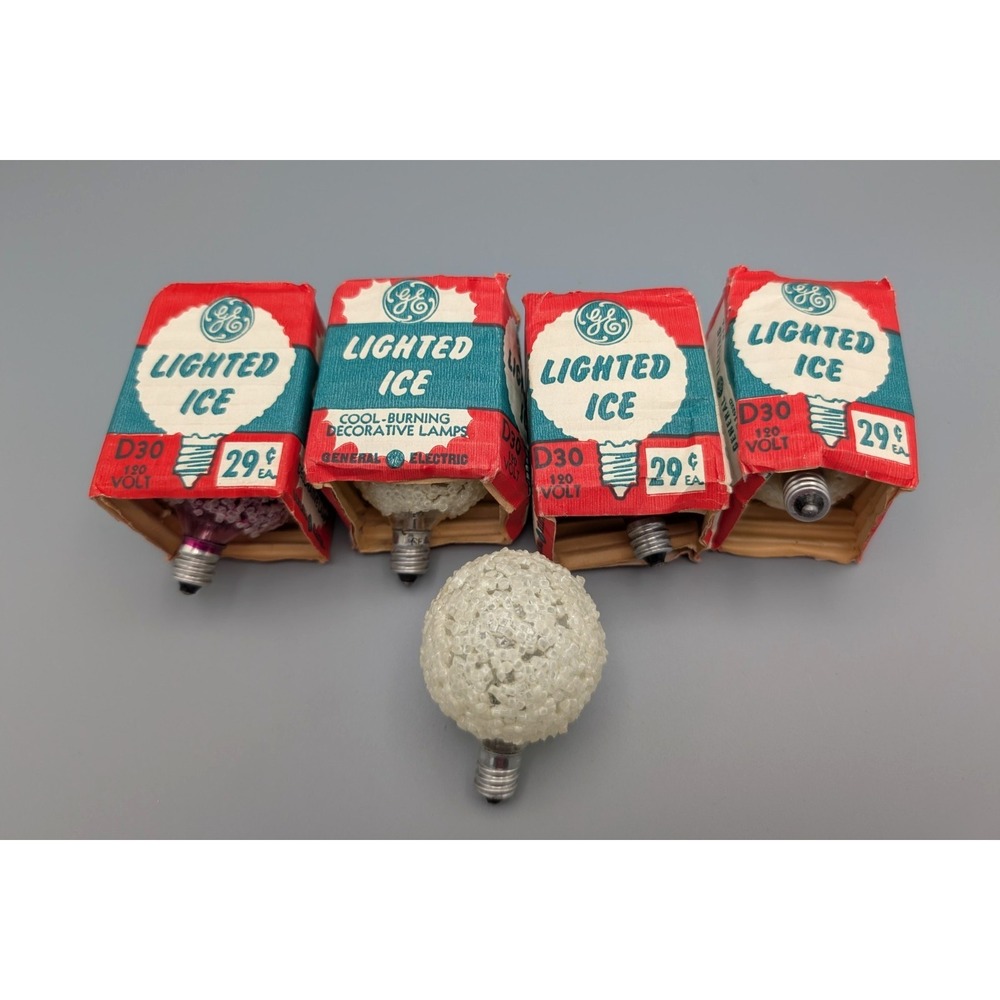 Lot Of 5 Vintage GE Lighted‎ Ice Bulbs Red/White Christmas Light Frosted Sugared
